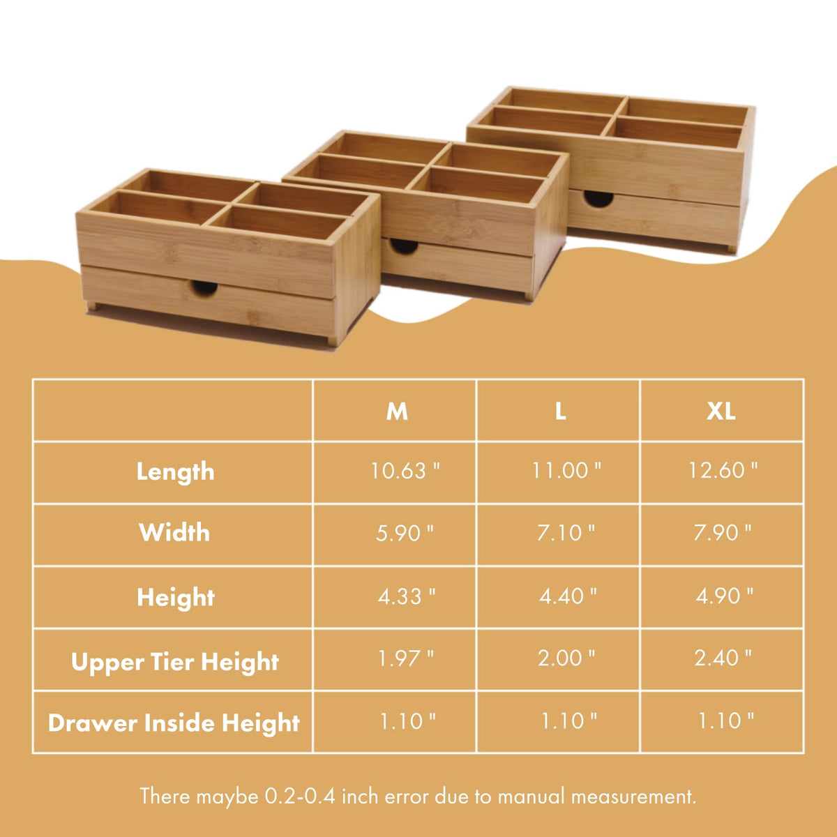 GOBAM Bamboo Makeup Storage Drawer Organizer with Removable Dividers