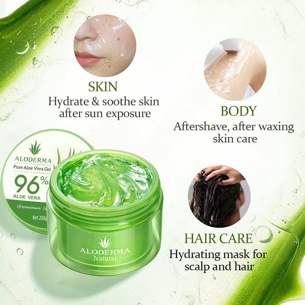 Aloderma 96% Pure Organic Aloe Vera Gel for Skin, Scalp & Hair