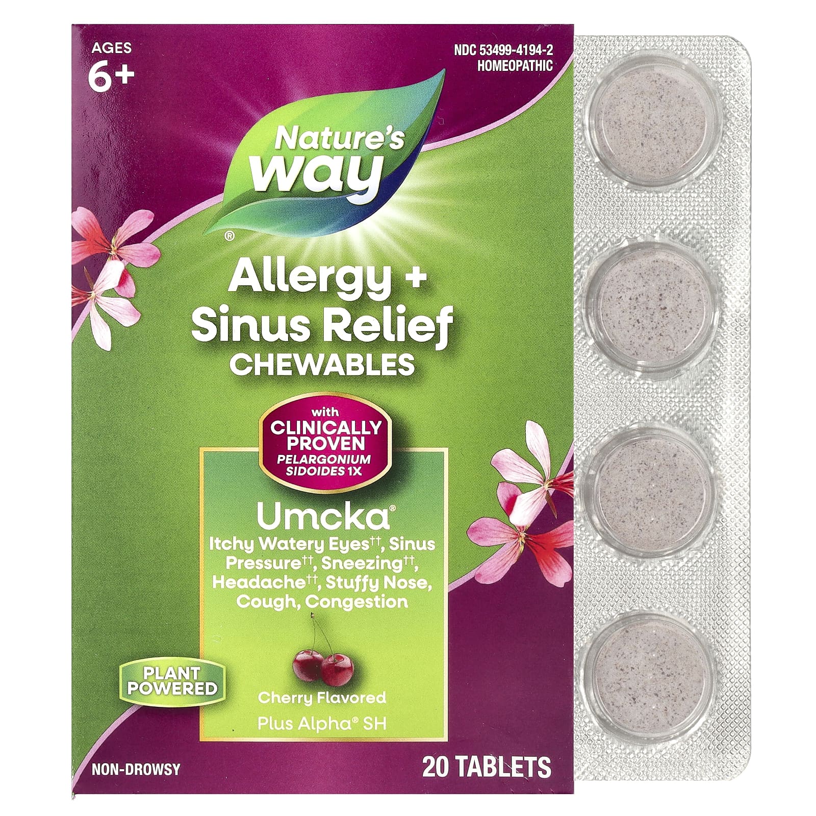Nature's Way, Umcka®, Allergy + Sinus Relief Chewables, Ages 6+, Cherry, 20 Tablets
