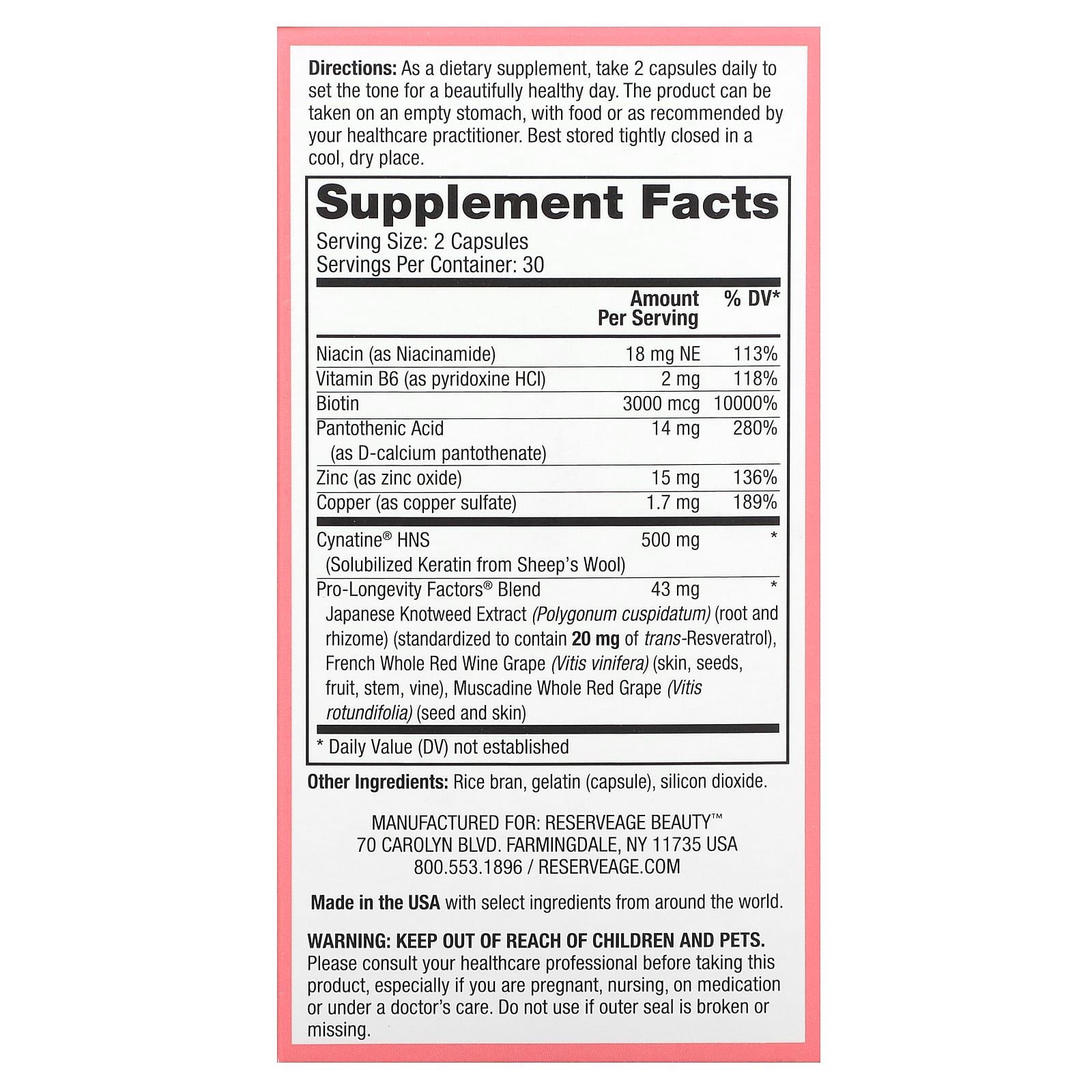 Reserveage Beauty, Keratin Hair Booster with Biotin & Resveratrol, 60 Capsules