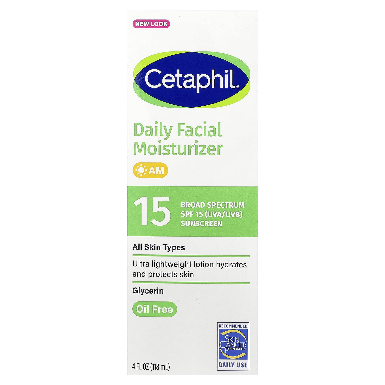 Cetaphil, Daily Facial Moisturizer with Sunscreen, SPF 15, Fragrance Free, 4 fl oz (118 ml)