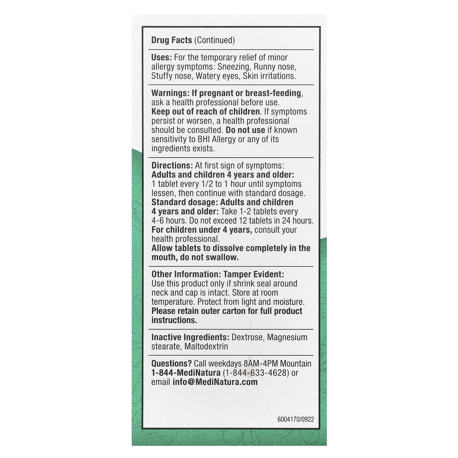 MediNatura, BHI, Allergy Relief, 100 Tablets