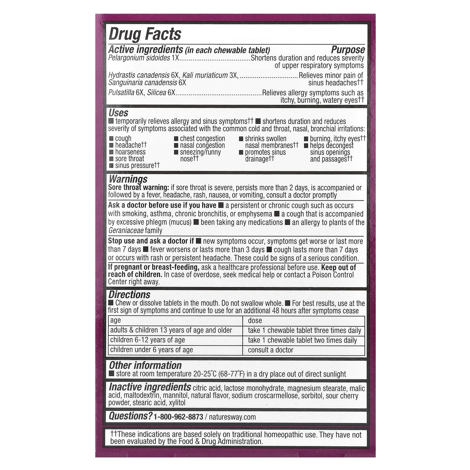 Nature's Way, Umcka®, Allergy + Sinus Relief Chewables, Ages 6+, Cherry, 20 Tablets