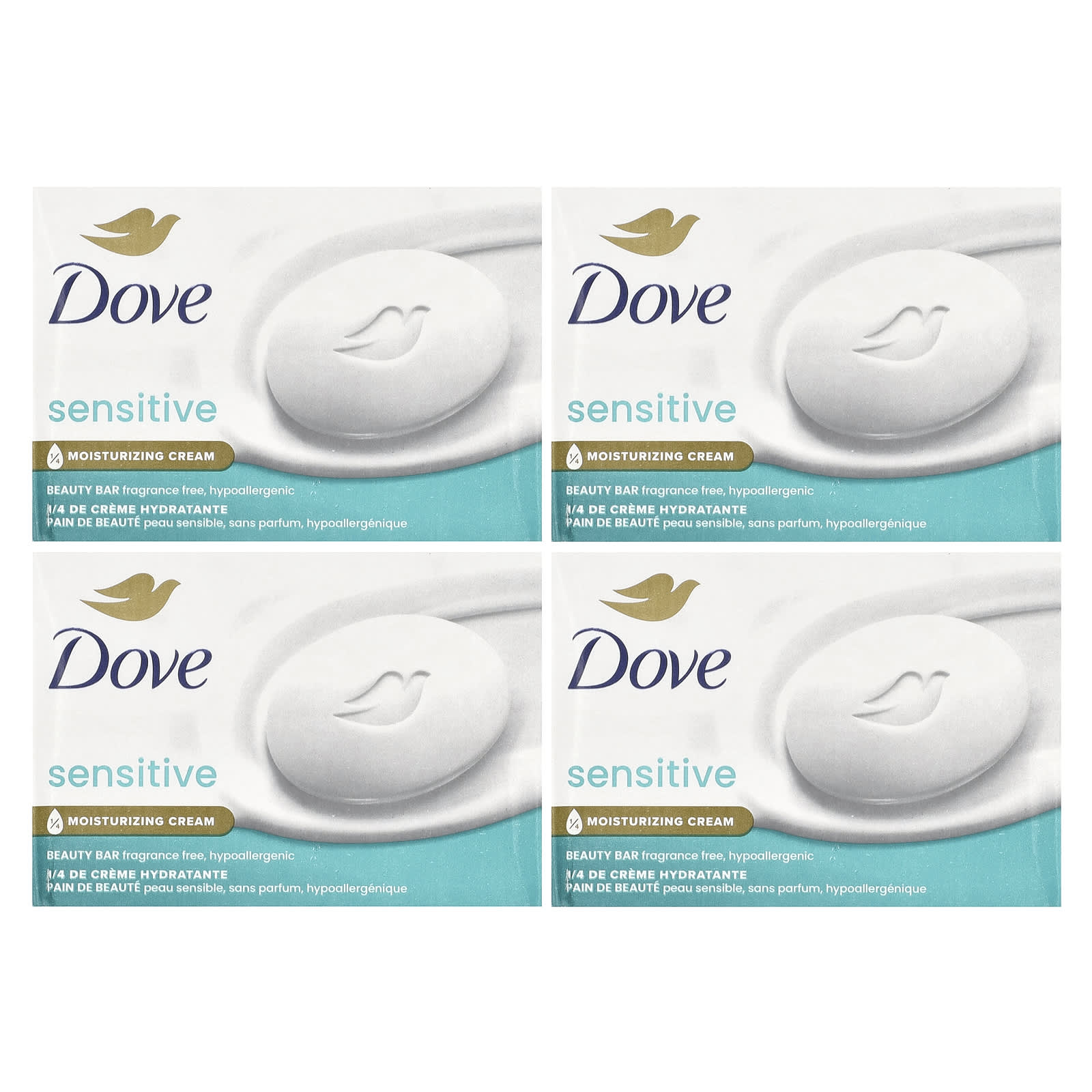 Dove, Beauty Bar Soap, Sensitive Skin, Fragrance Free, 4 Bars, 3.75 oz (106 g) Each
