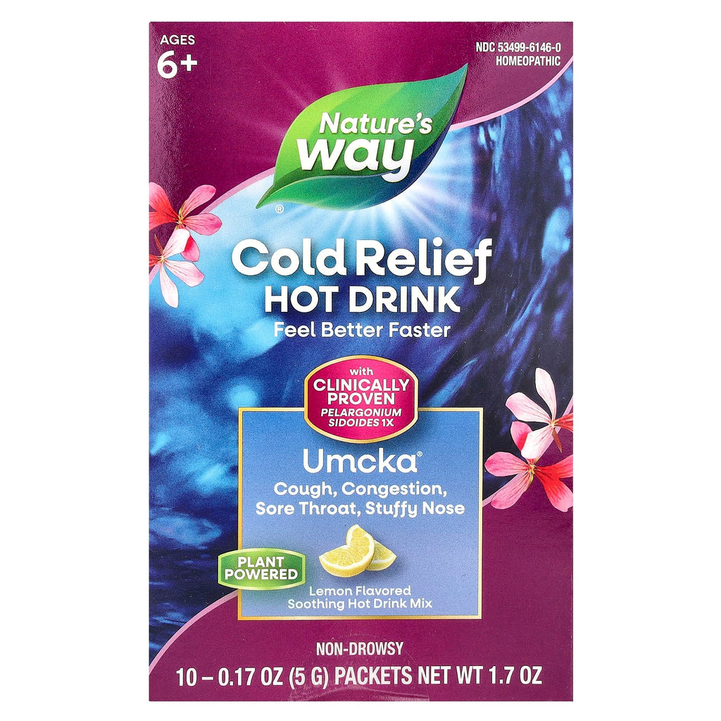 Nature's Way, Umcka®, Cold Relief, Soothing Hot Drink Mix, Ages 6+, Lemon, 10 Packets, 0.17 oz (5 g) Each