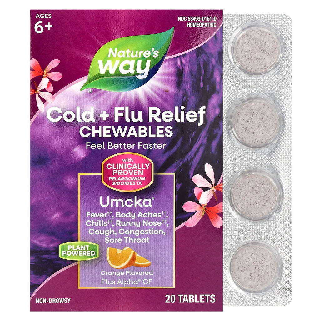 Nature's Way, Umcka®, Cold + Flu Relief Chewables, Ages 6+, Orange, 20 Tablets