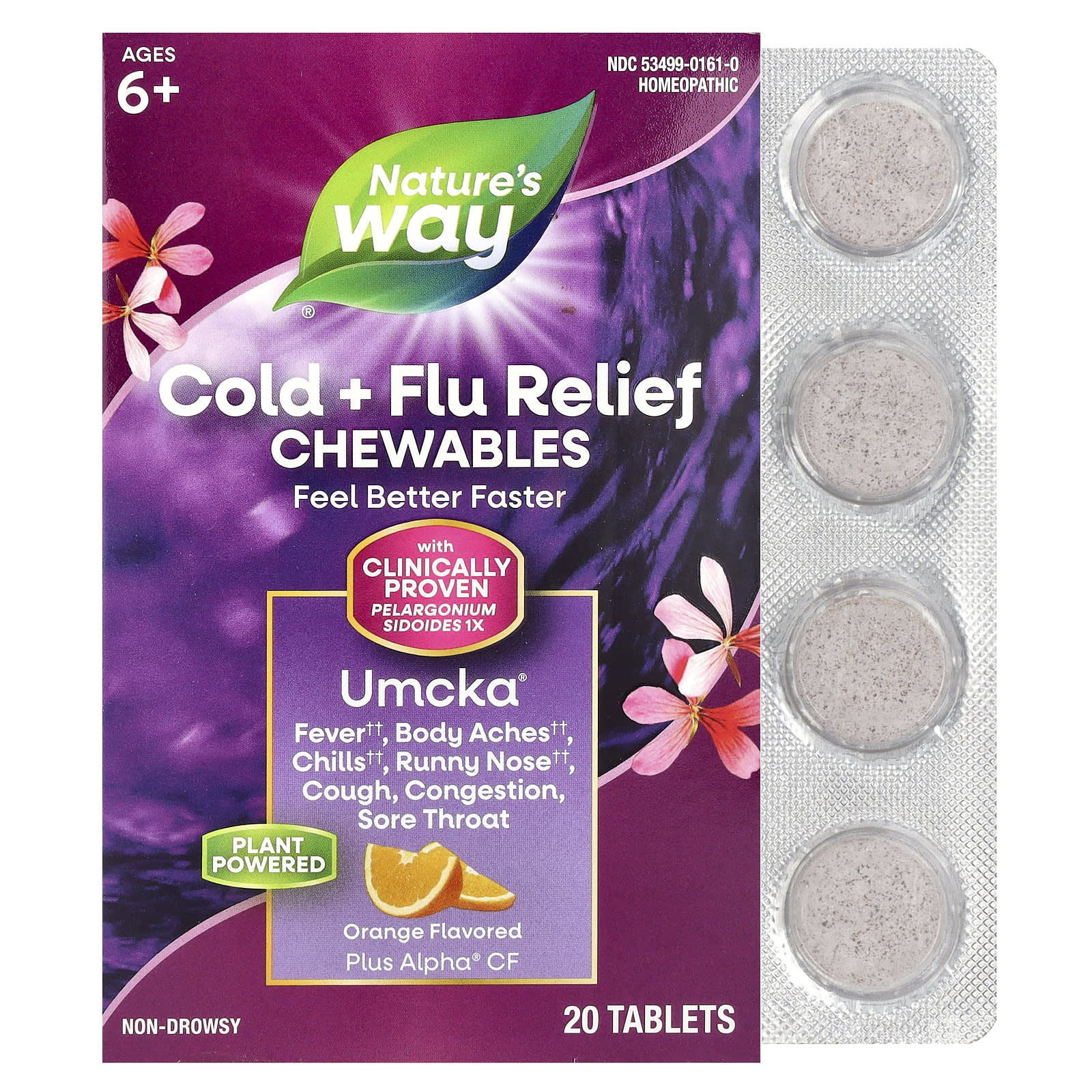 Nature's Way, Umcka®, Cold + Flu Relief Chewables, Ages 6+, Orange, 20 Tablets