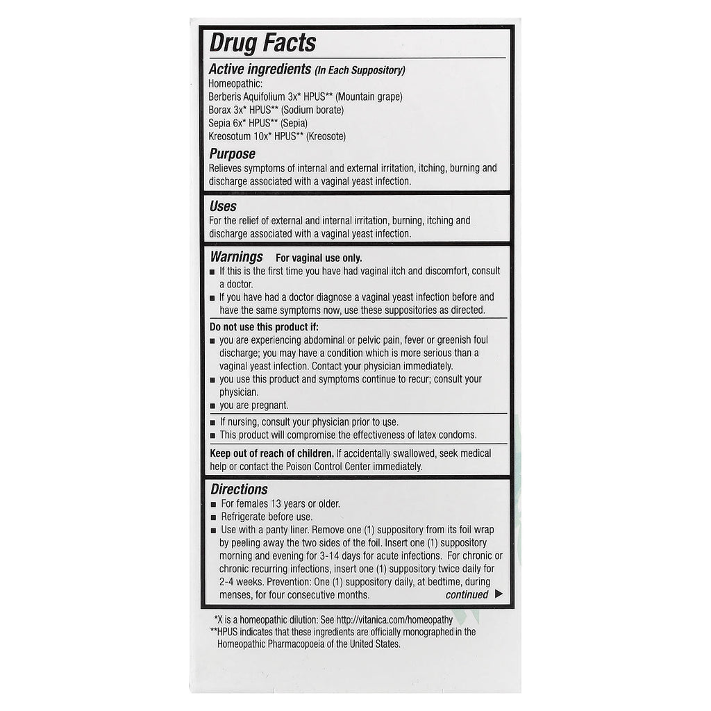 Vitanica, Yeast Arrest™, 14 Vaginal Suppositories