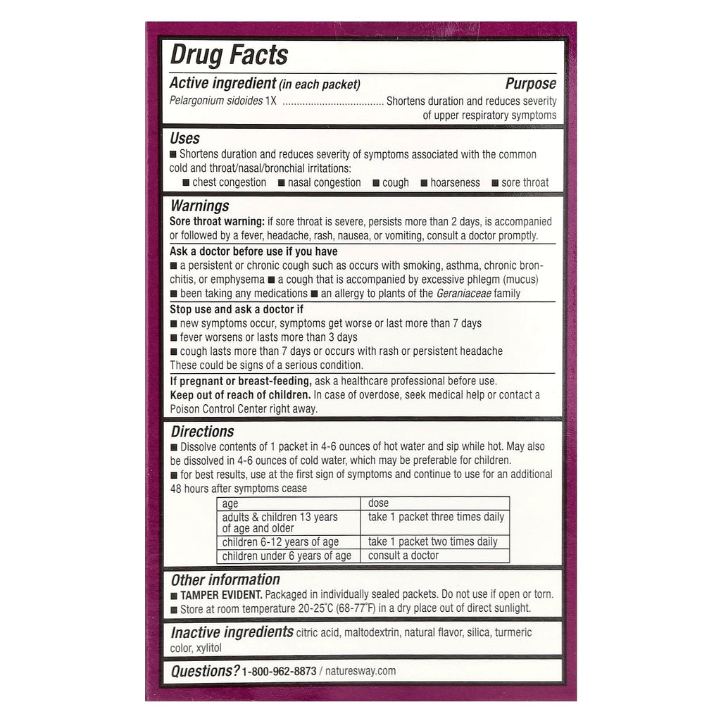 Nature's Way, Umcka®, Cold Relief, Soothing Hot Drink Mix, Ages 6+, Lemon, 10 Packets, 0.17 oz (5 g) Each