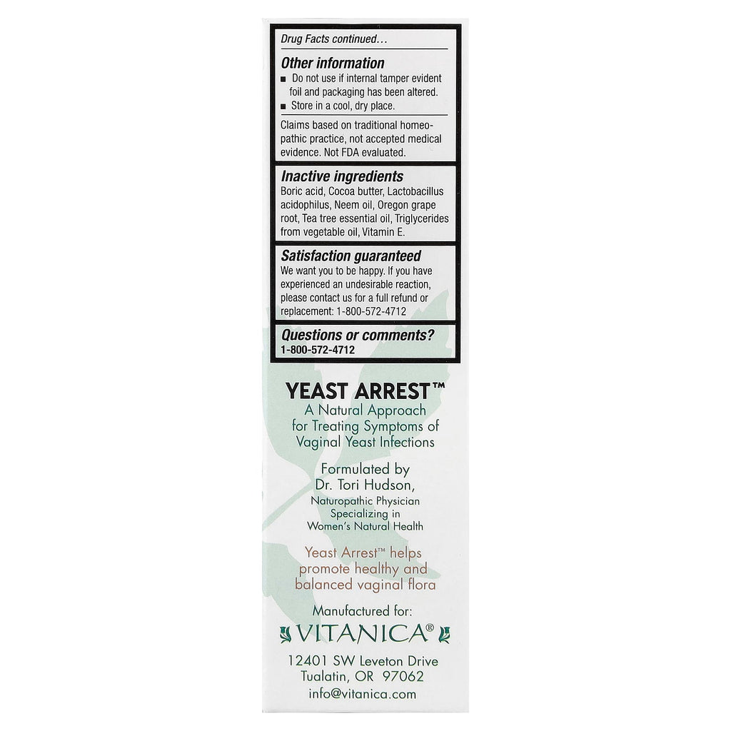 Vitanica, Yeast Arrest™, 14 Vaginal Suppositories