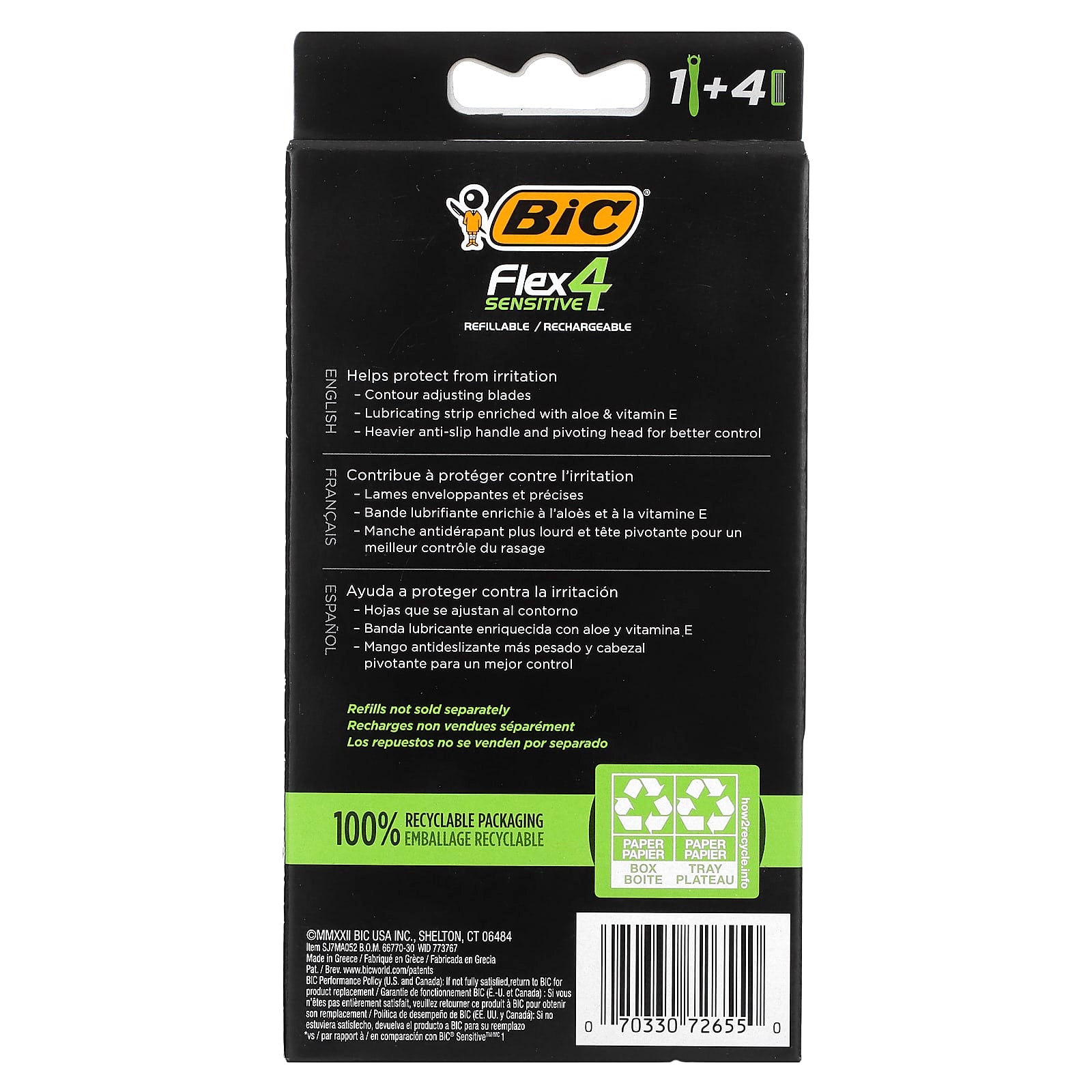 BIC, Flex 4 Sensitive, 1 Handle, 4 Cartridges