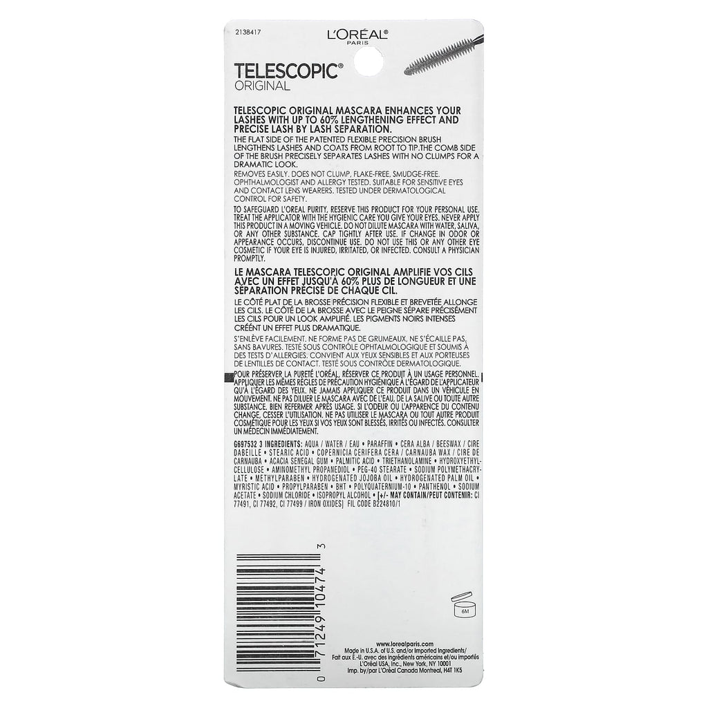 L'Oréal, Telescopic® Original Mascara, 910 Blackest Black, 0.27 fl oz (8 ml)