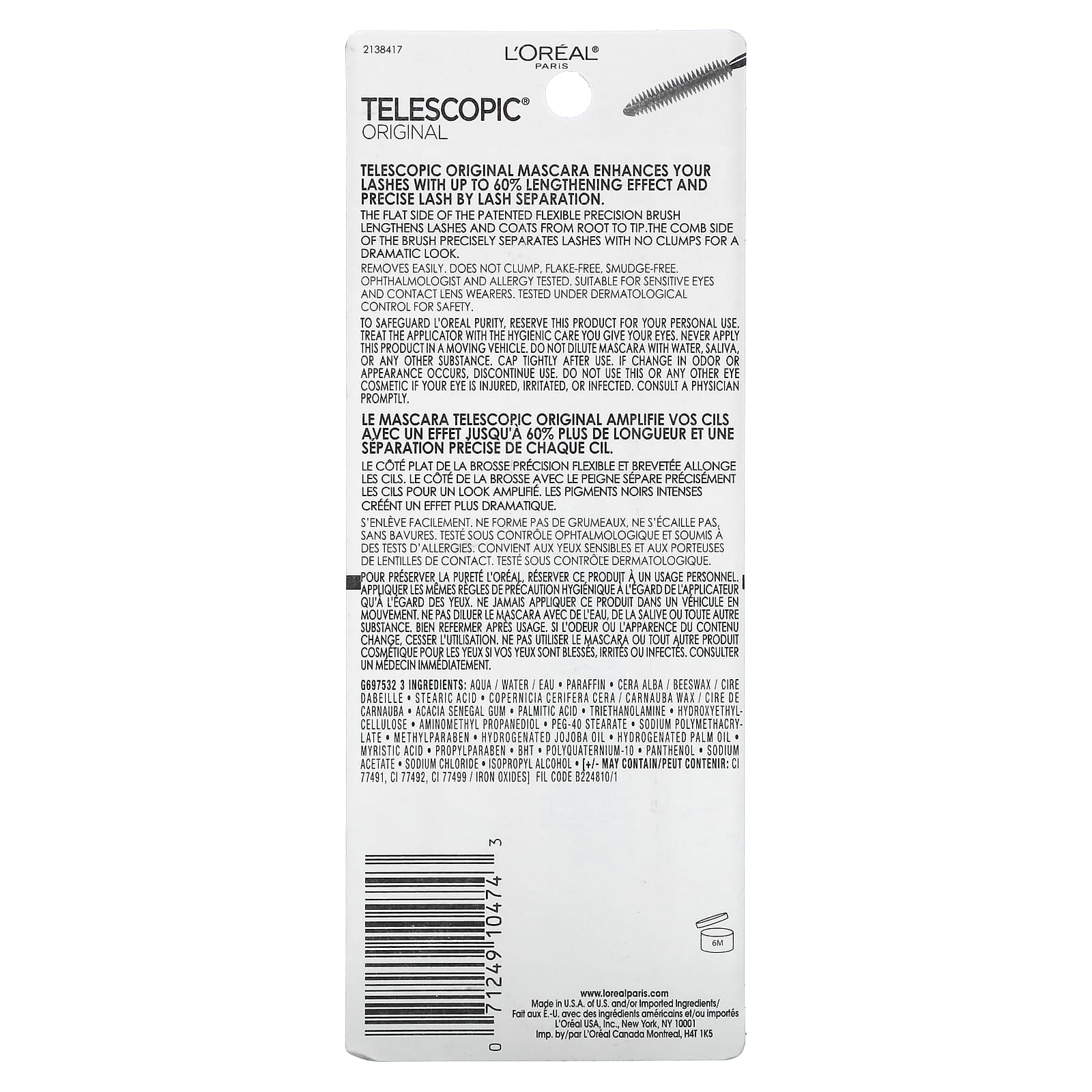 L'Oréal, Telescopic® Original Mascara, 910 Blackest Black, 0.27 fl oz (8 ml)