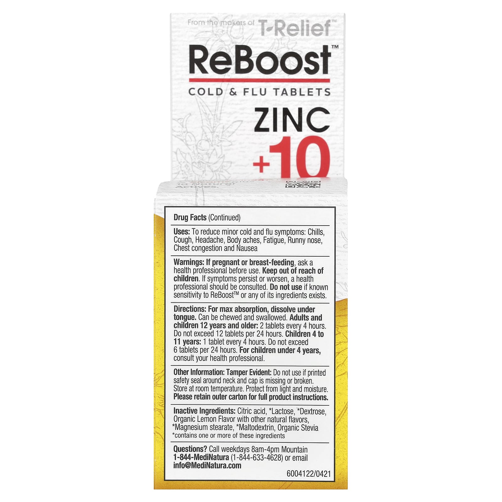 MediNatura, T-Relief™, ReBoost™, Zinc +10, Max Cold & Flu Relief, 60 Tablets