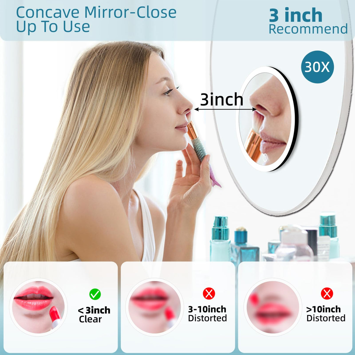 30X Magnifying Mirror with Lights, Rechargeable 6-Inch Travel Mirror