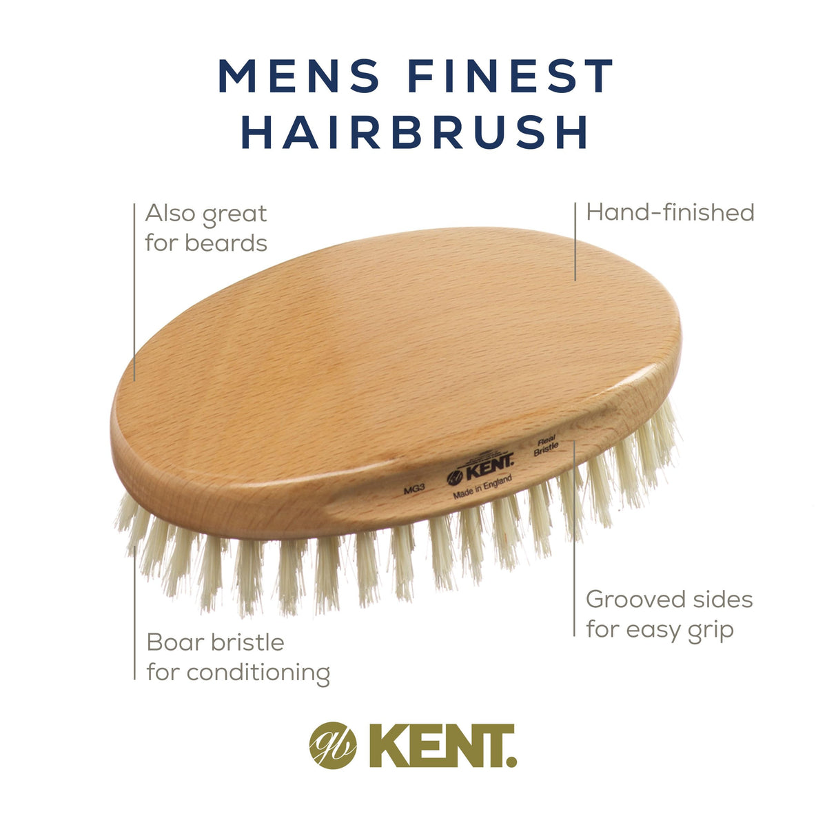 Kent MG3 Men's Hair & Beard Brush with Natural White Boar Bristles