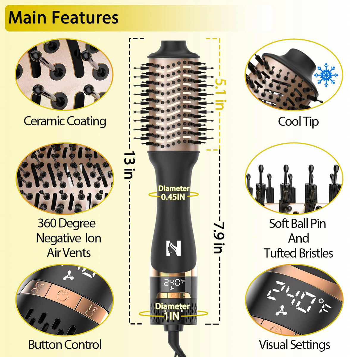 Nicebay Hair Dryer Brush Volumizer with Display Screen and Ceramic Barrel