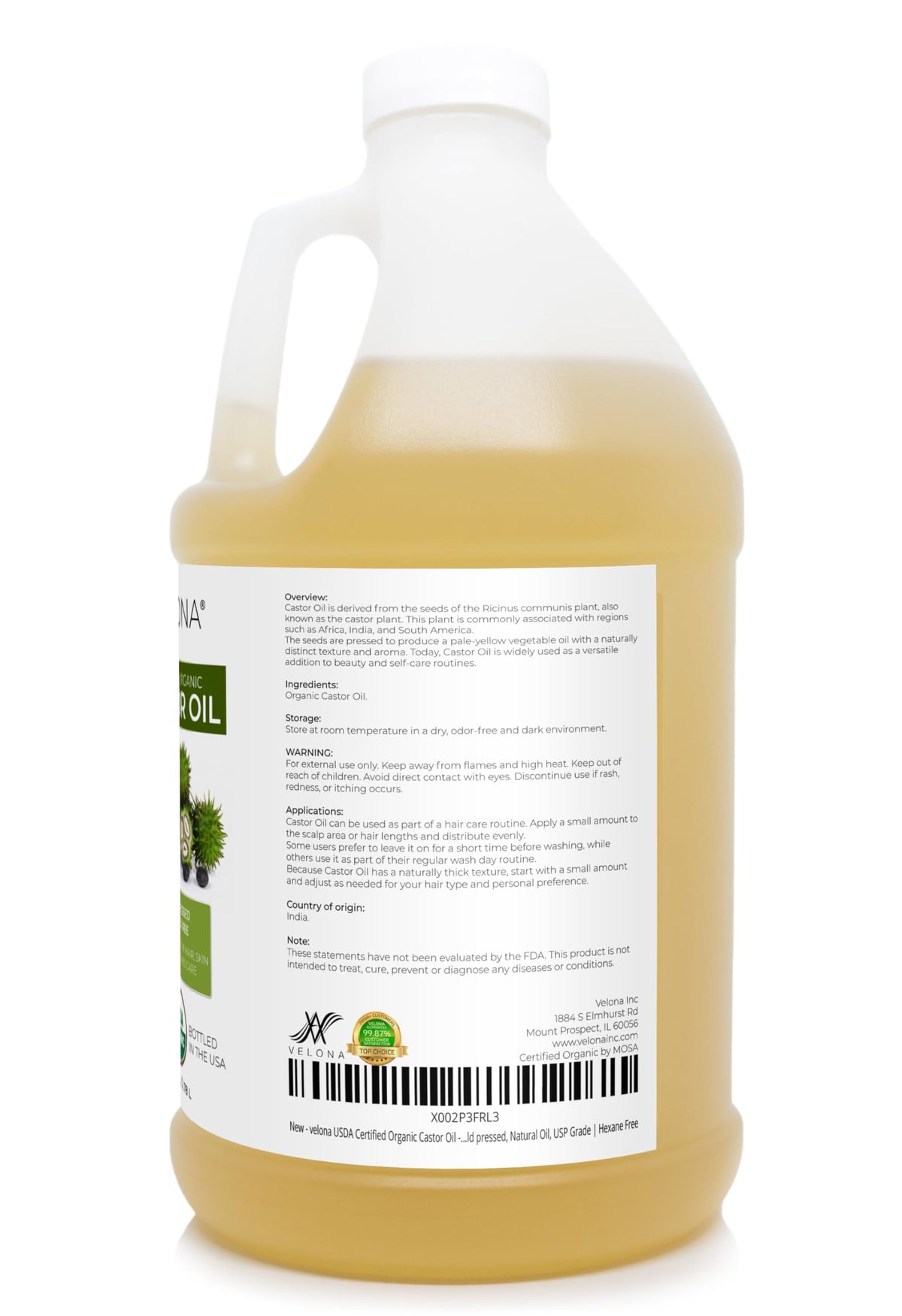 Velona USDA Certified Organic Castor Oil, Cold Pressed, 1 Gallon