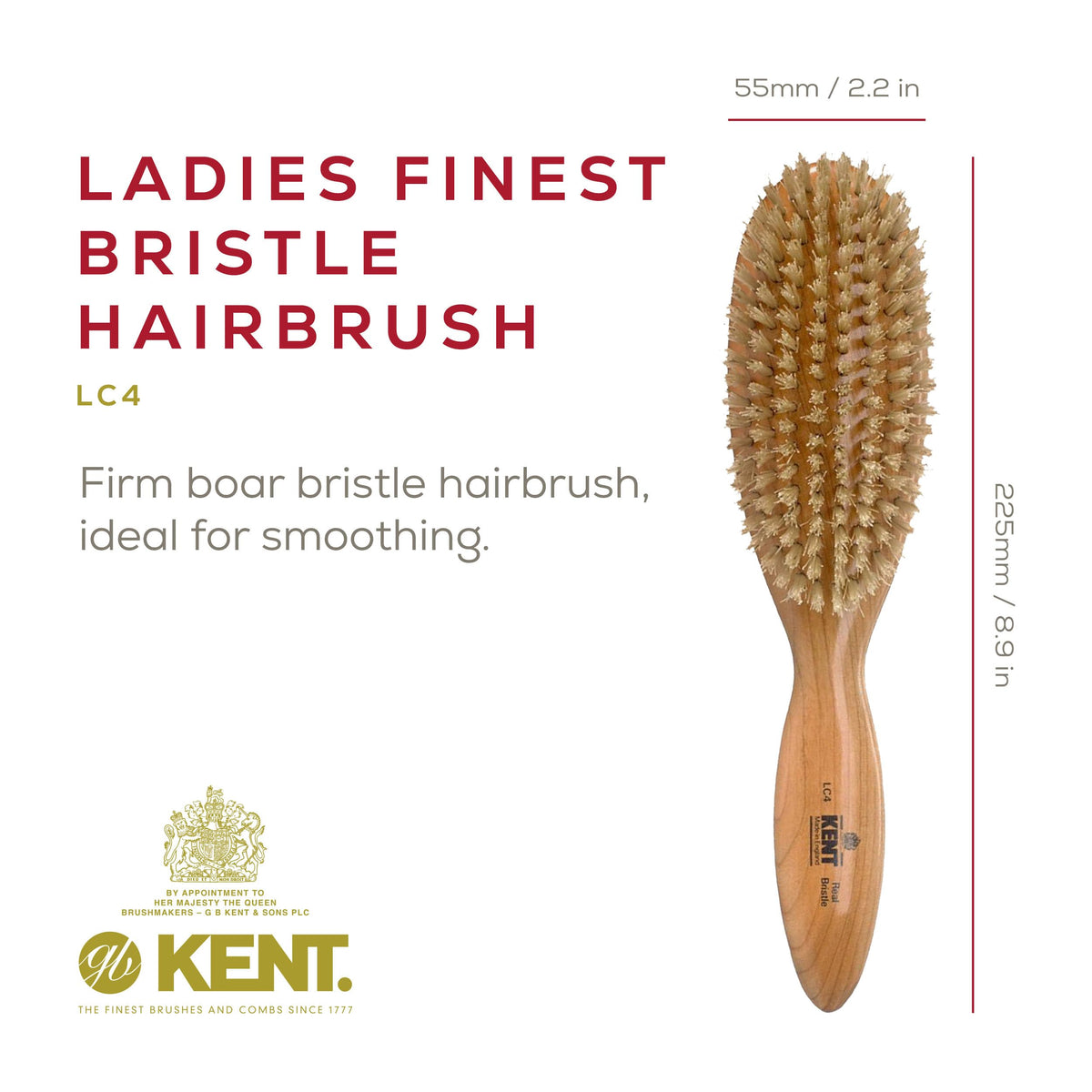 Kent LC4 Boar Bristle Hairbrush, Cherrywood Oval Brush for Medium to Thick Hair