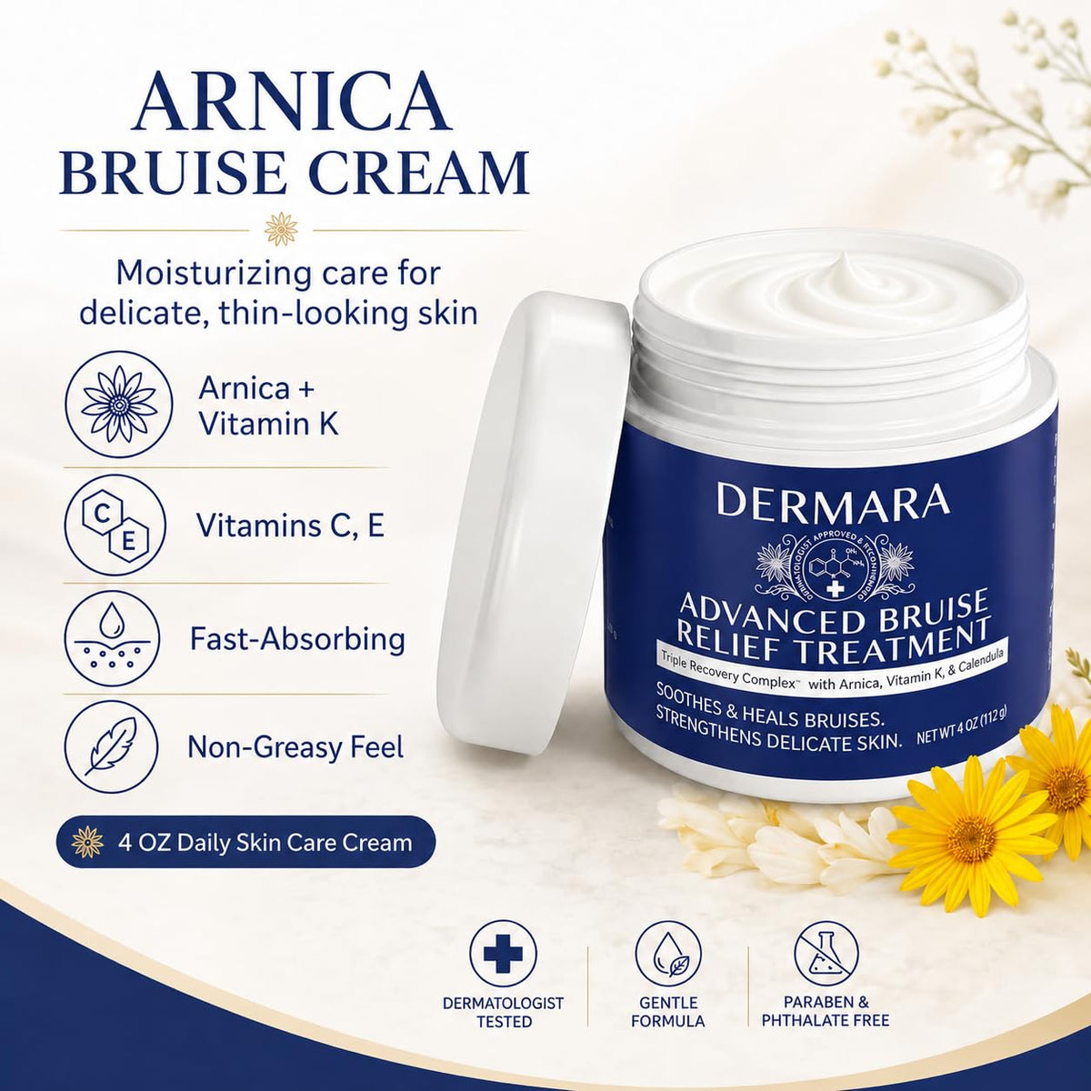 Dermara Bruise Cream with Arnica and Vitamins K, C & E, 4 Oz