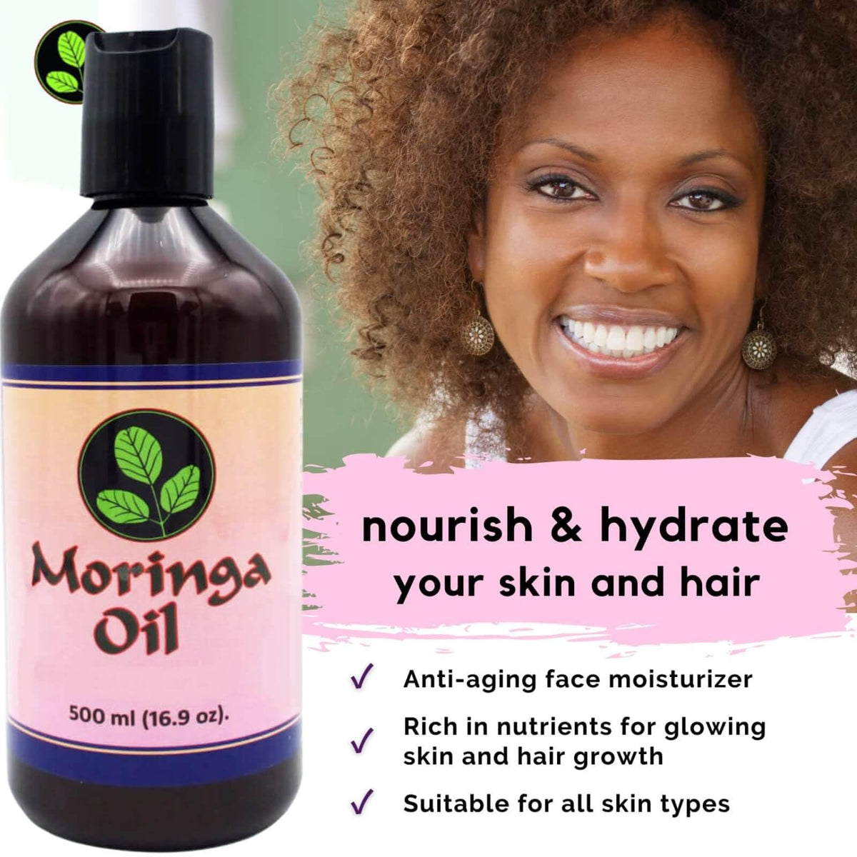 100% Pure Cold-Pressed Unrefined Moringa Oil for Face, Hair & Body