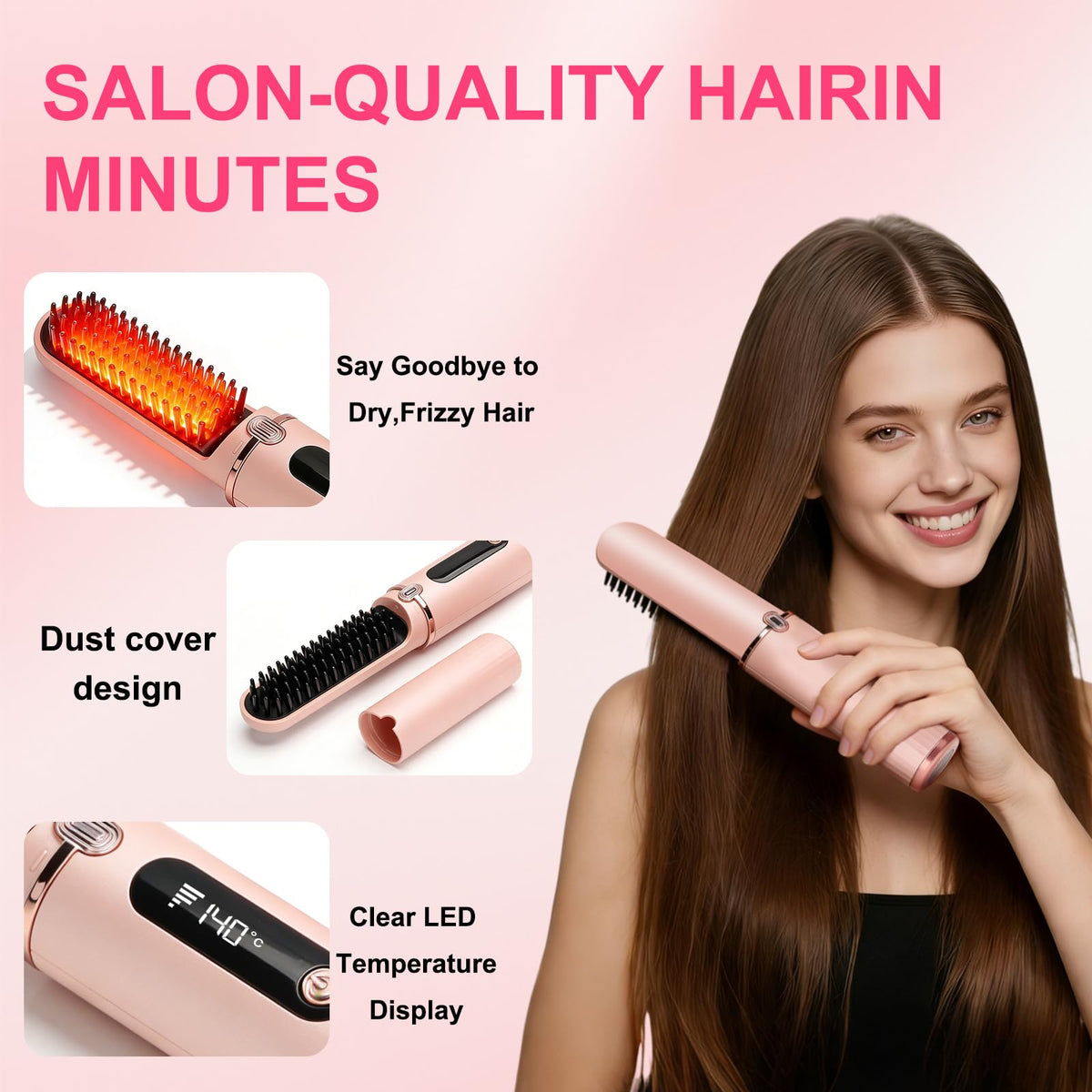 Cordless Hair Straightener Brush with Negative Ion Ceramic Bristles