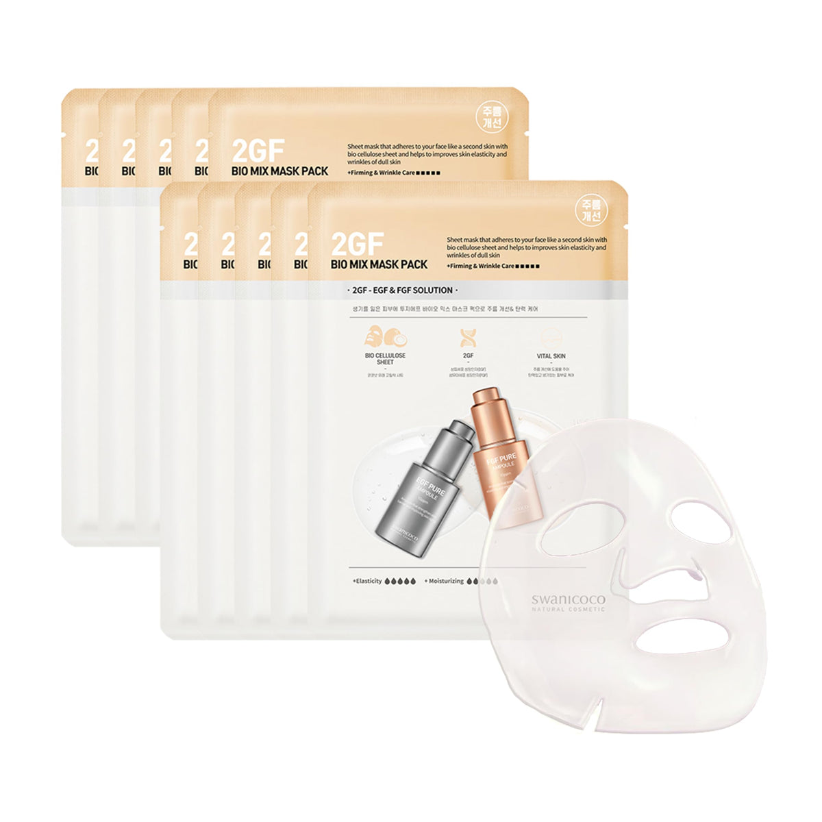 SWANICOCO 2GF Bio Gel Face Mask with EGF & FGF, Deep Hydration, 10 Sheets