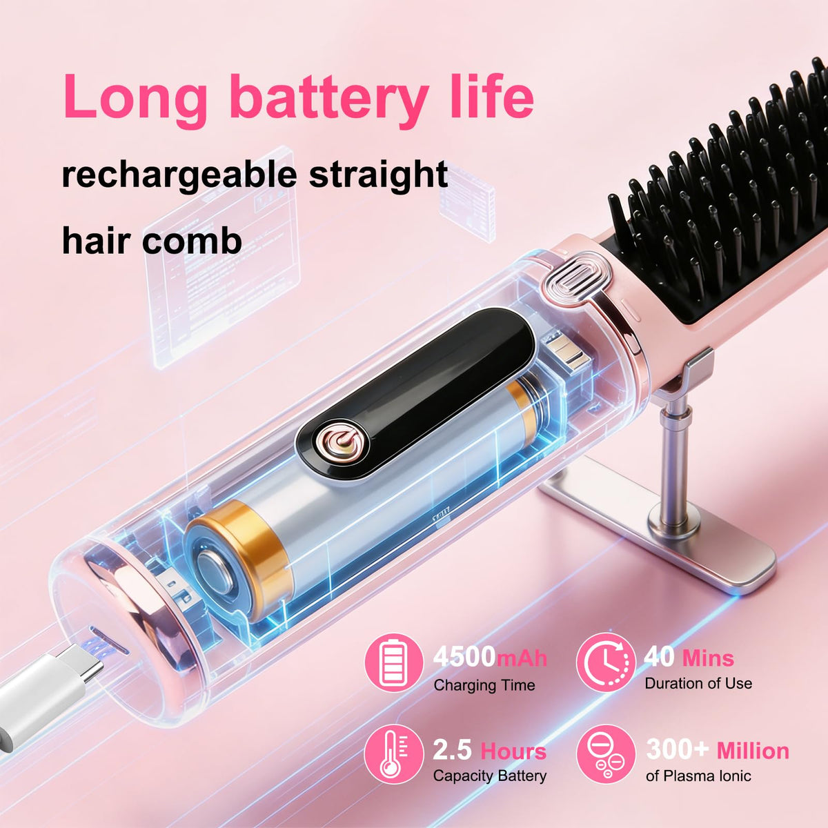 Cordless Hair Straightener Brush with Negative Ion Ceramic Bristles