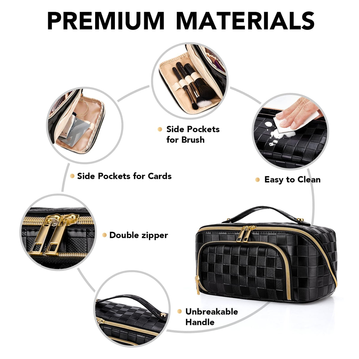 Black Checkered PU Leather Travel Makeup Bag with Compartments