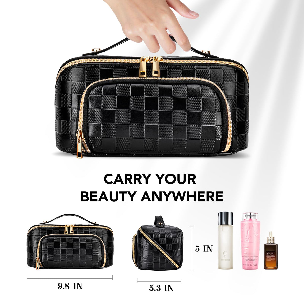 Black Checkered PU Leather Travel Makeup Bag with Compartments