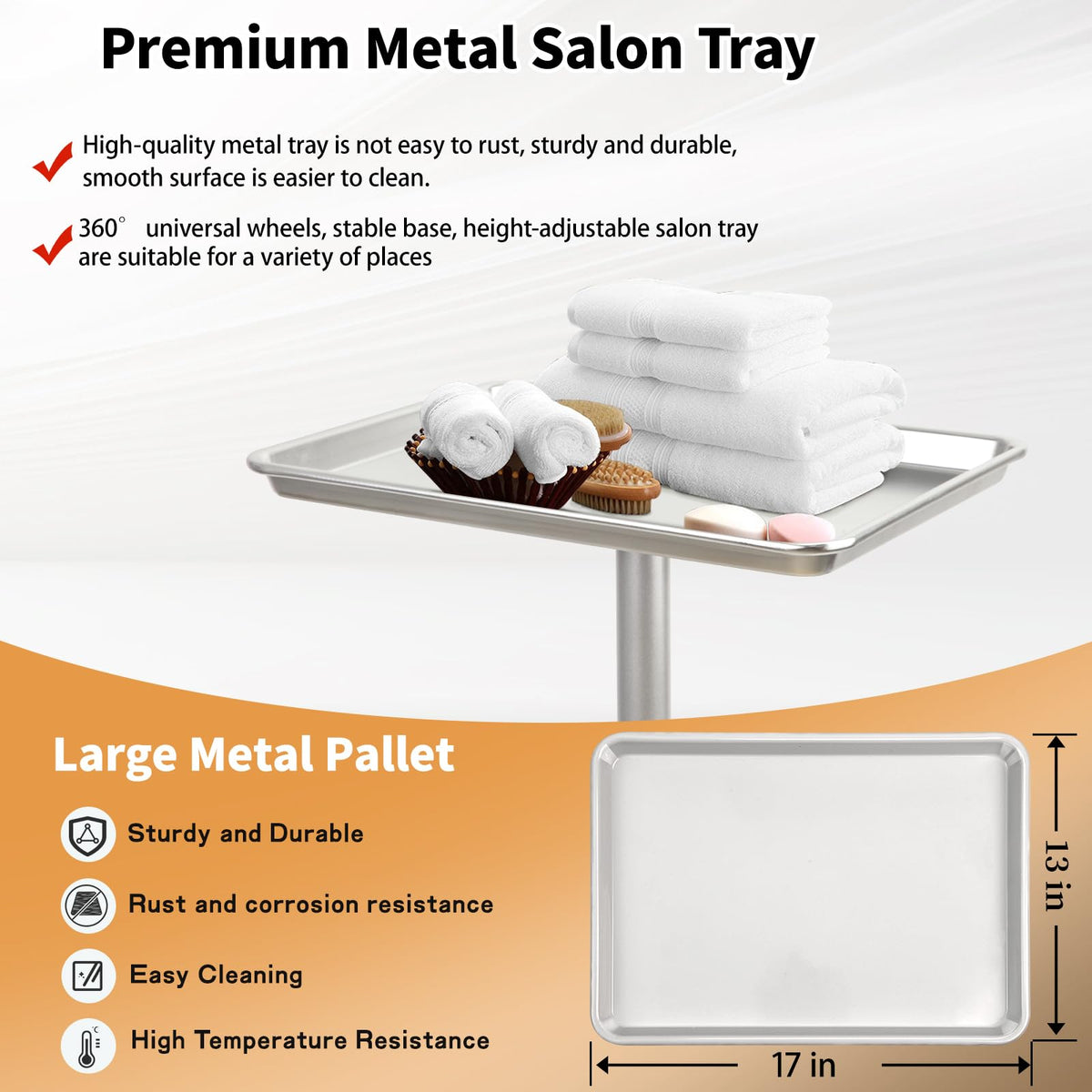 Metal Rolling Salon Tray Cart, Adjustable Service Tray with Wheels