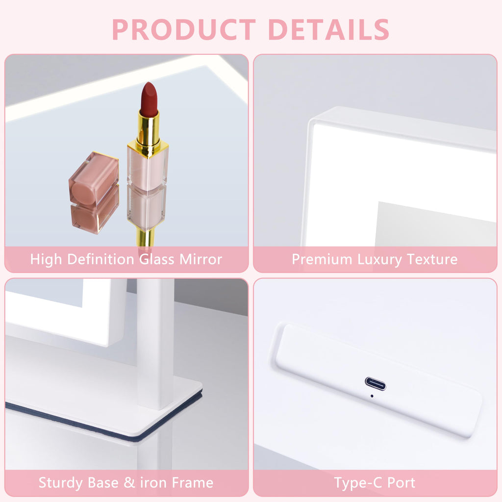 Lighted Vanity Makeup Mirror with 3 Color Modes, Dimmable, 360° Rotation
