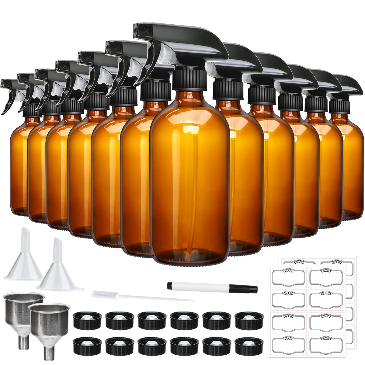 Maredash 16oz Amber Glass Spray Bottles, 12-Pack with Accessories