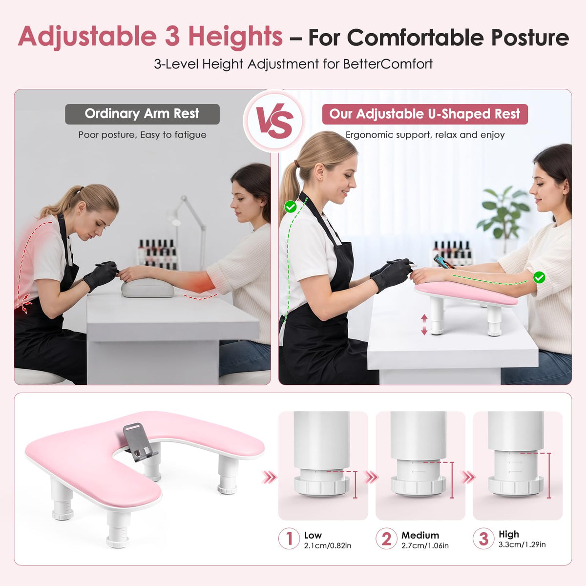 Nail Tech Arm Rest with Phone Holder, Adjustable U-Shaped PU Leather Stand