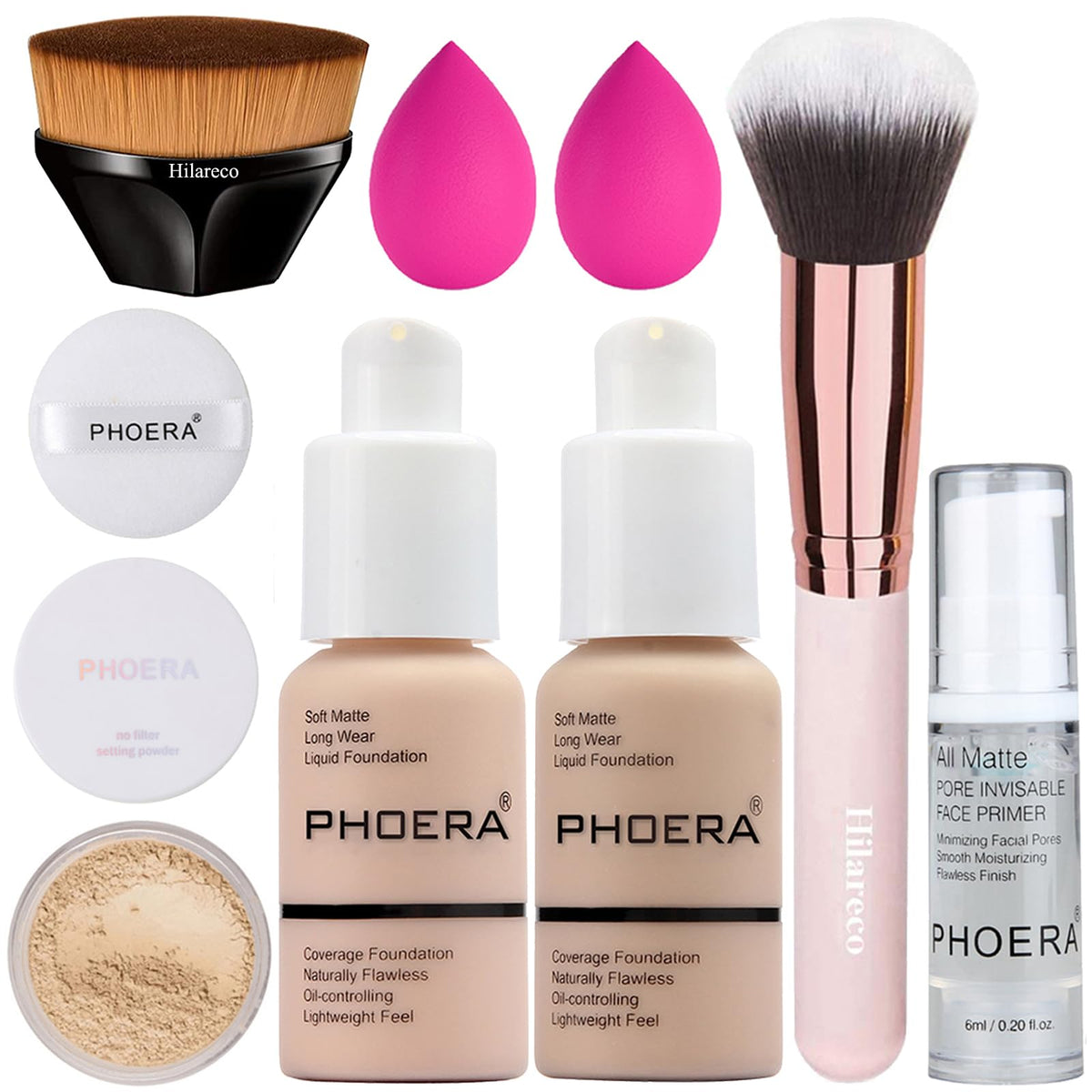 PHOERA Full Coverage Foundation, Primer, Powder and Makeup Brush Set