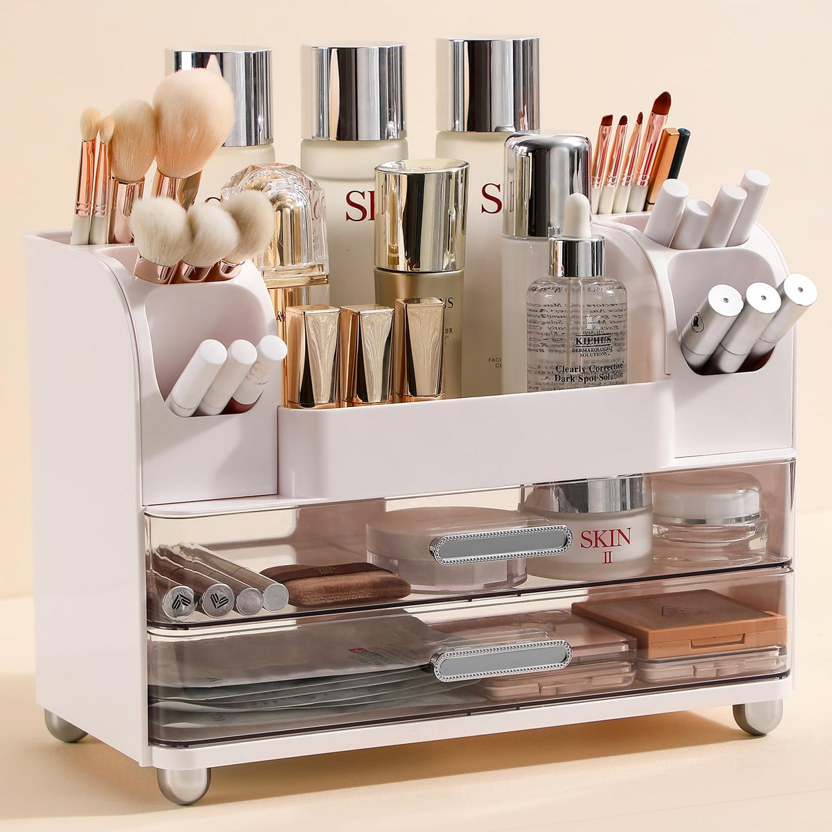 Anyoifax Makeup Organizer Countertop with Drawers and Brush Slots