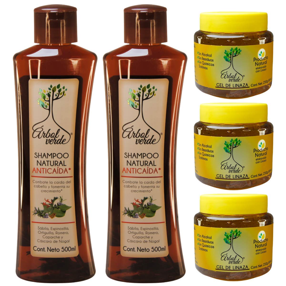 Arbol Verde Kit: 2 Anti-Hair Loss Shampoos and 3 Linseed Gels