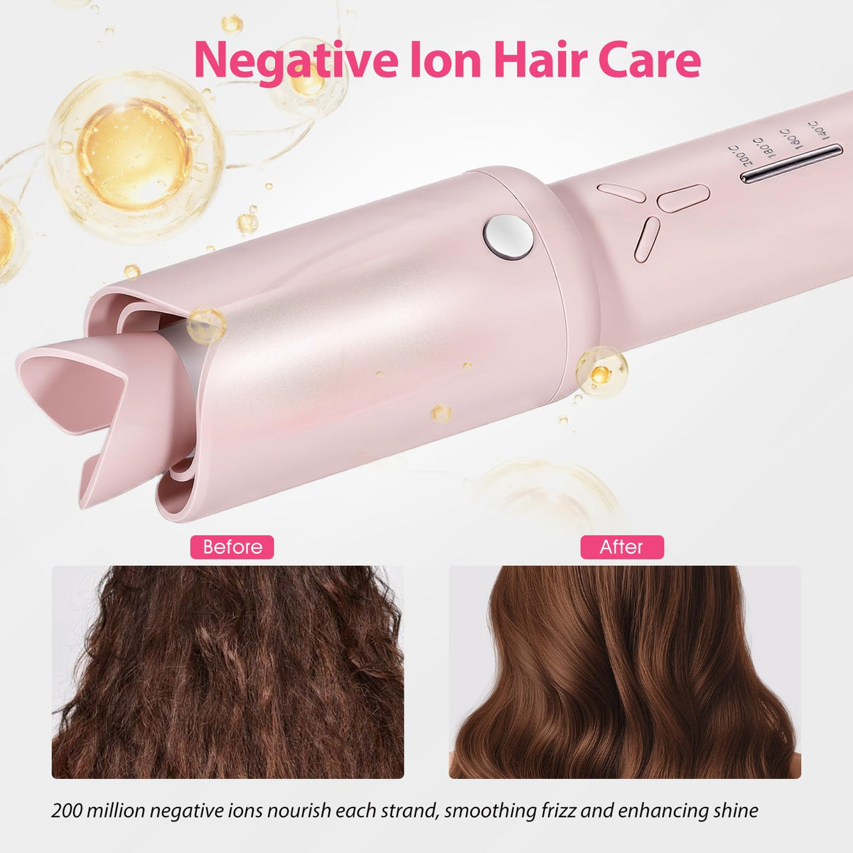 Cordless Automatic Hair Curler, Pink, Rechargeable Rotating Curling Iron