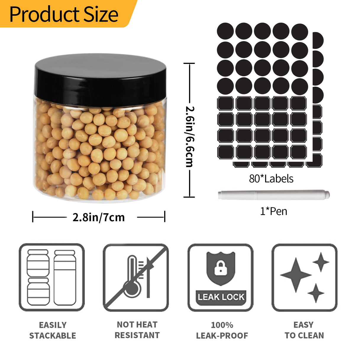 40 Pack 6 oz Clear Plastic Jars with Black Lids, Food-Grade PET