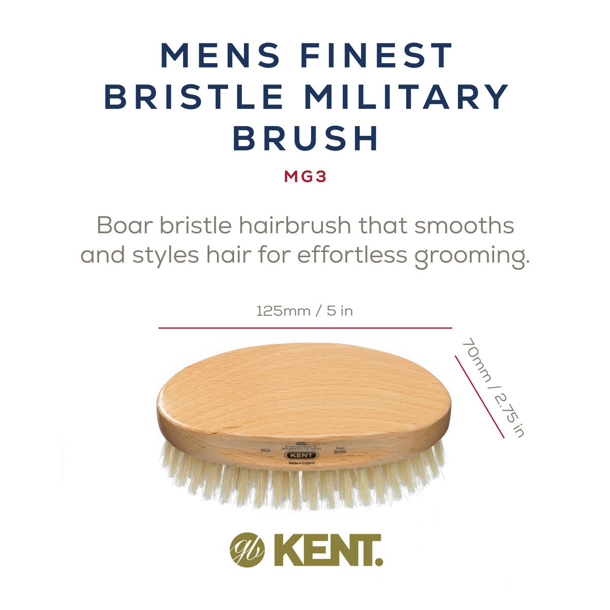 Kent MG3 Men's Hair & Beard Brush with Natural White Boar Bristles