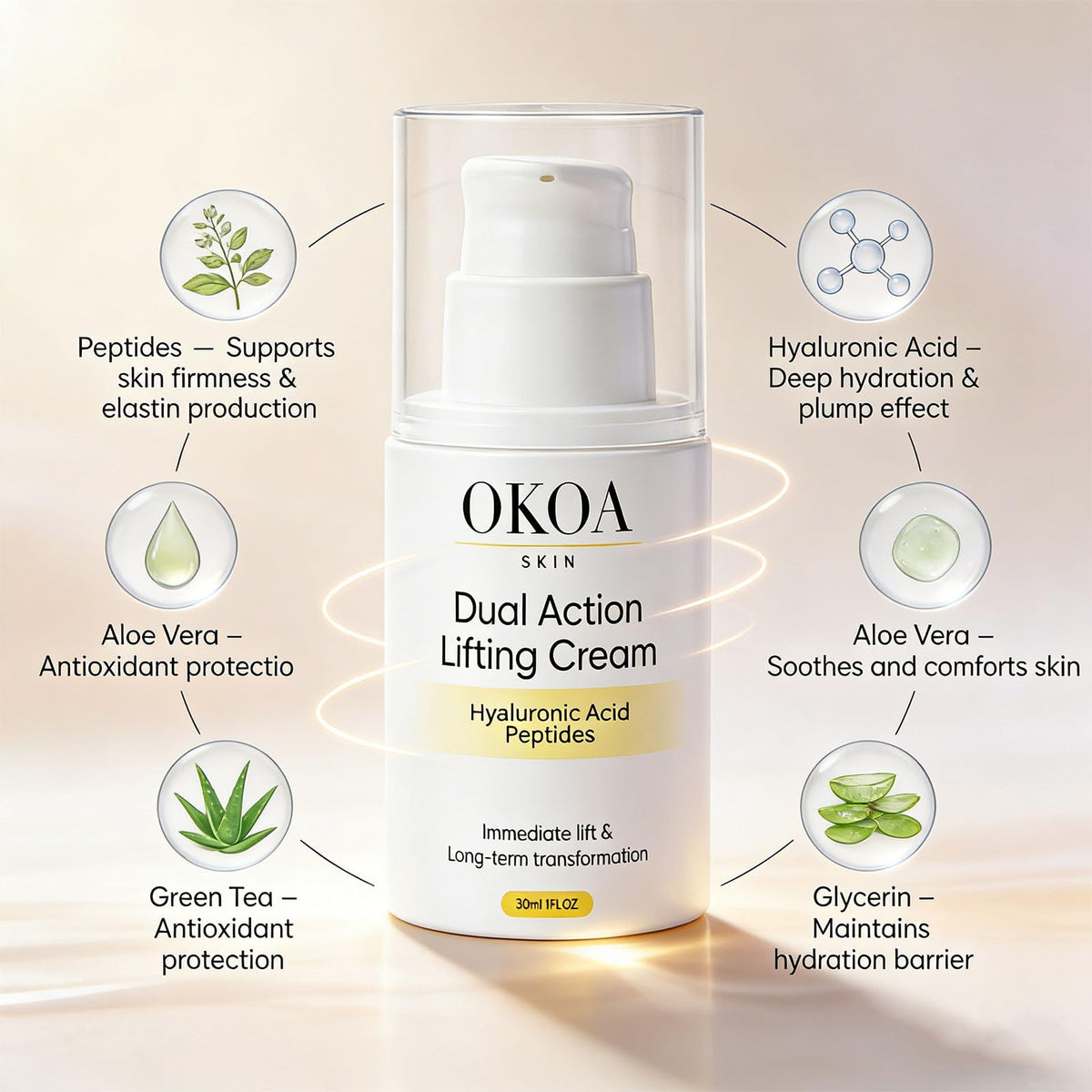 OKOA SKIN Dual Action Firming Cream with Peptides & Hyaluronic Acid