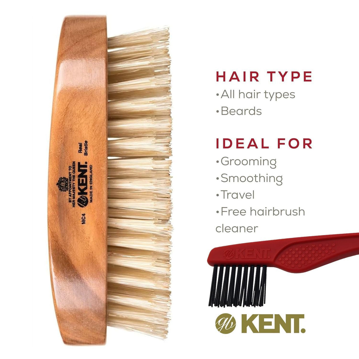 Kent MC4 Men's Boar Bristle Hair and Beard Brush Kit with Brush Cleaner