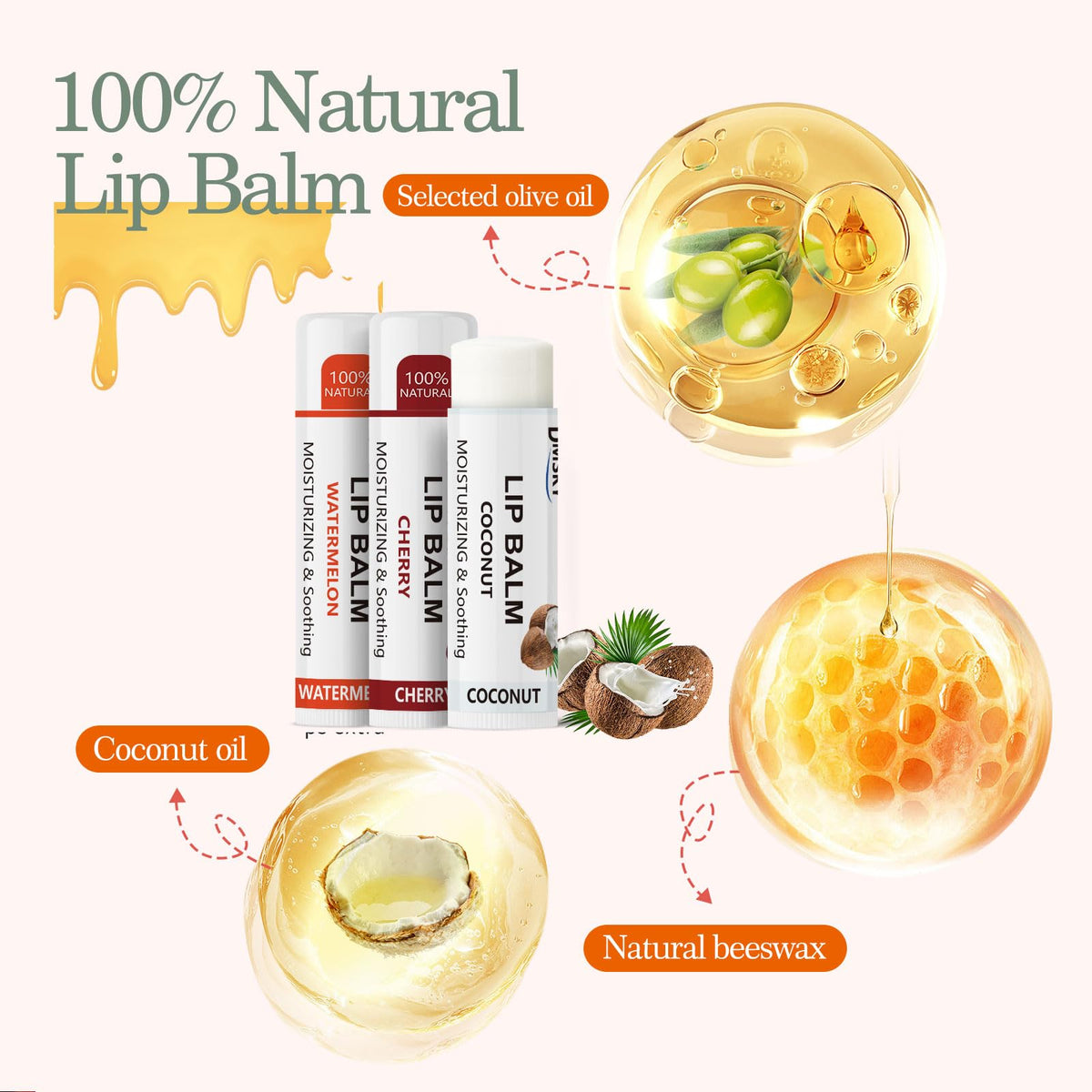 Natural Moisturizing Lip Balm with Coconut Oil, Beeswax and Olive Oil