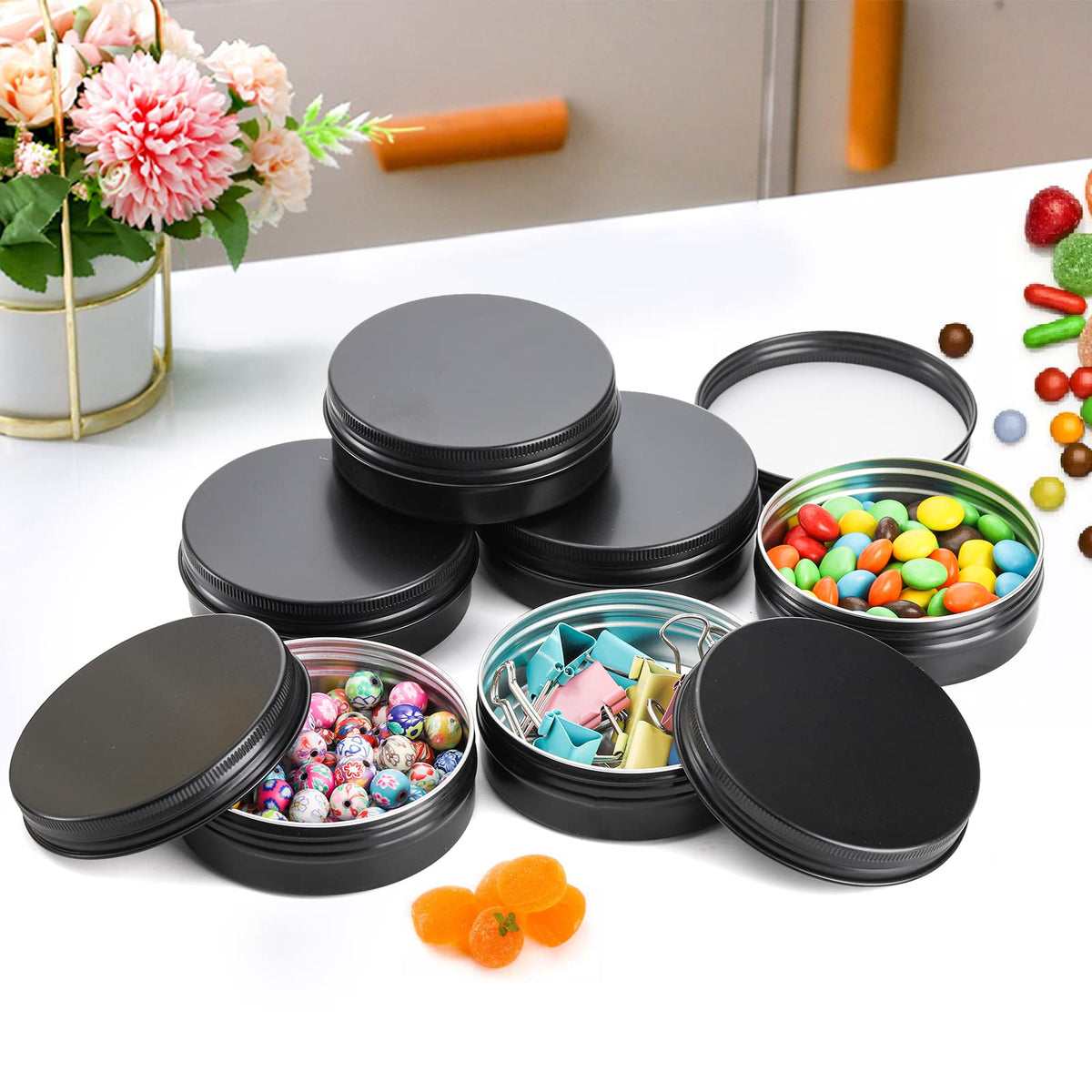 Foraineam 48 Pack 2 oz Round Lip Balm Tin Cans, Matte Black Aluminum