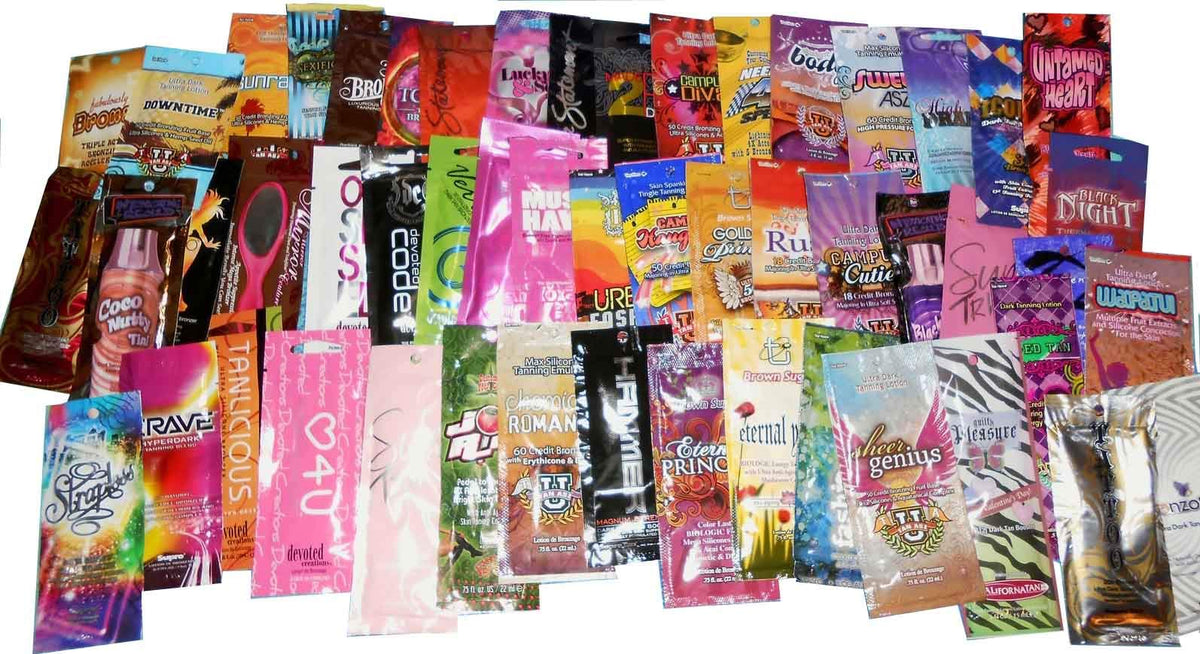 50 Assorted Indoor Tanning Bed Lotion Sample Packets