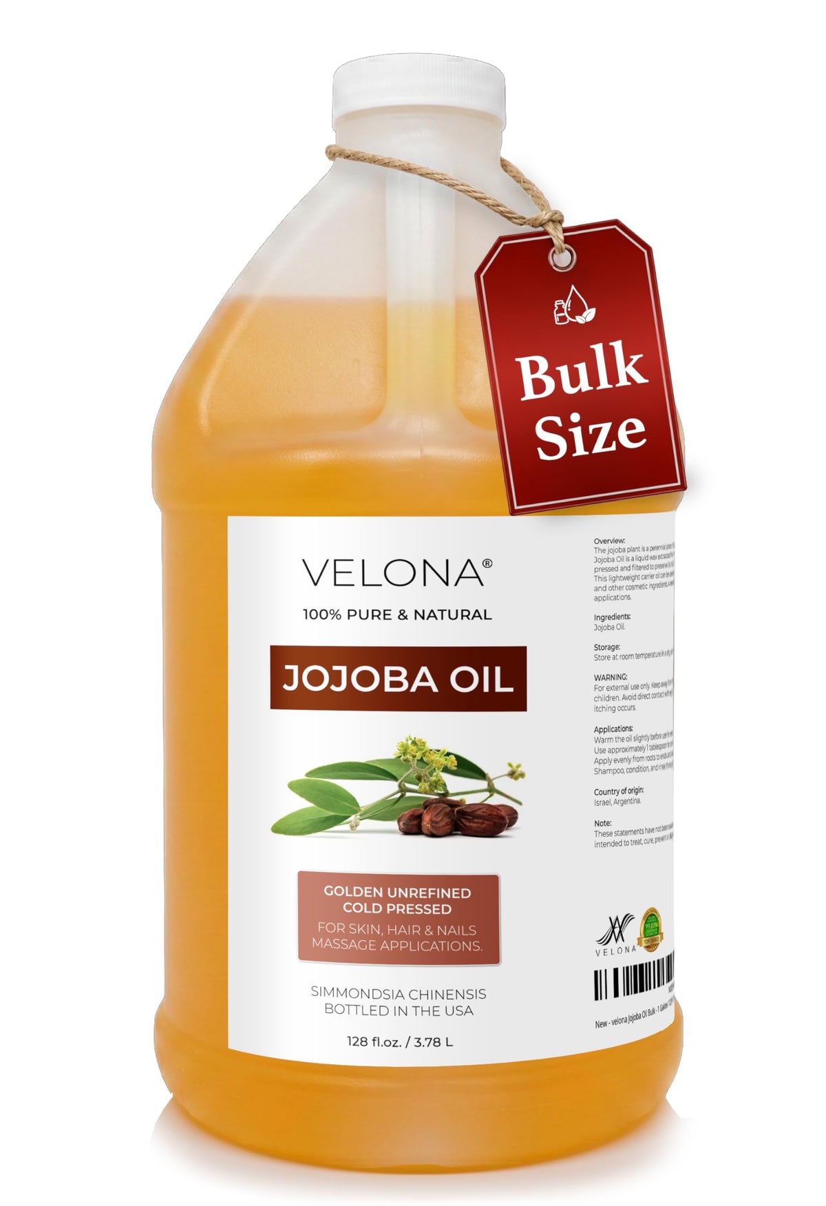 Velona Jojoba Oil Bulk, 1 Gallon Pure Cold Pressed Golden Unrefined