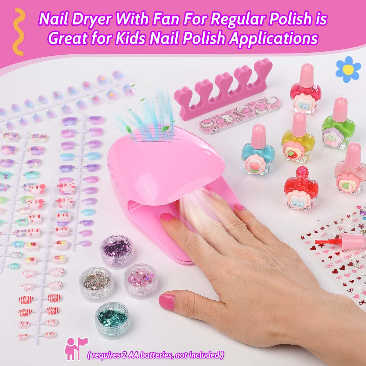 Kids Nail Art Kit with Press-On Nails, Polish, Dryer and Stickers