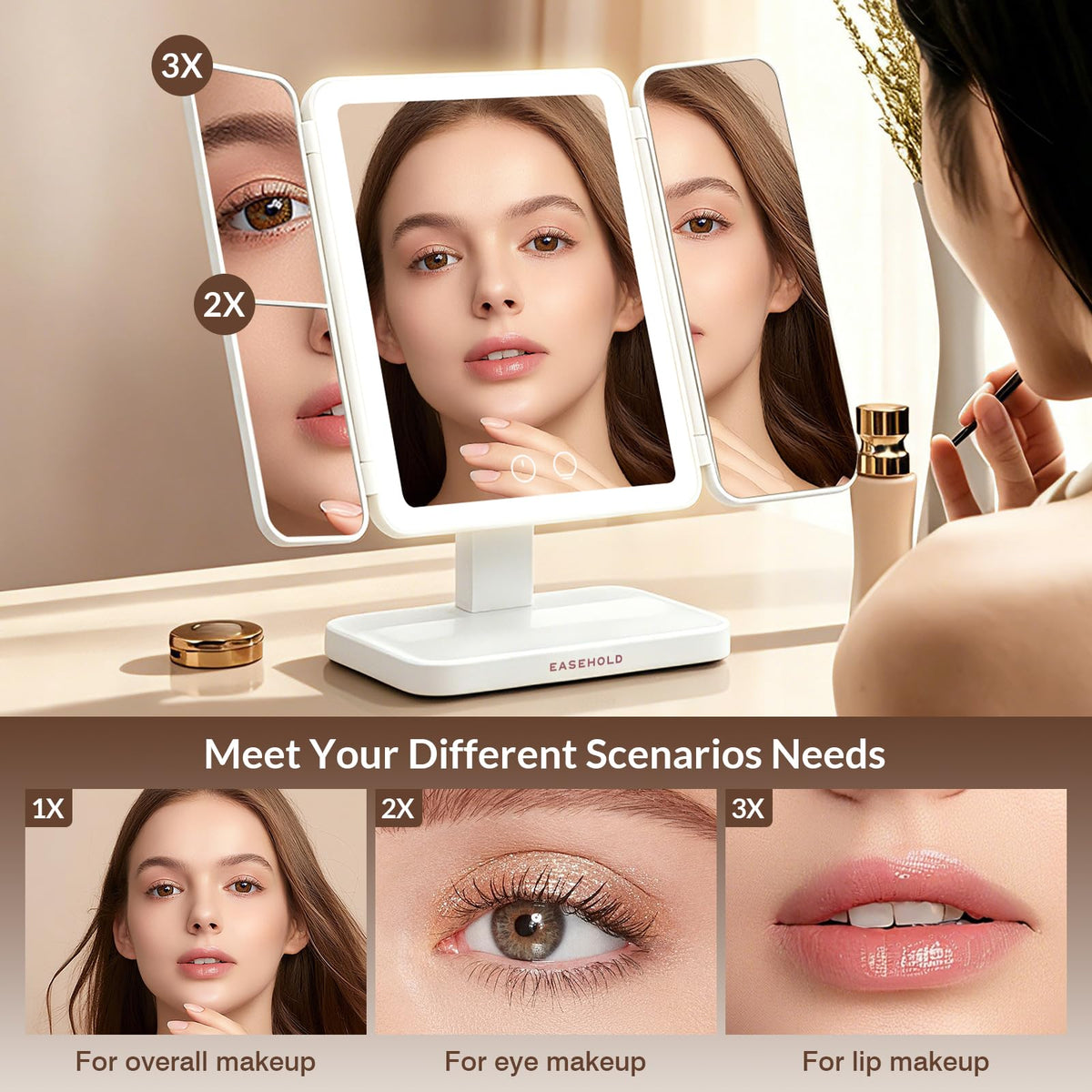 EASEHOLD Rechargeable Trifold Lighted Makeup Vanity Mirror