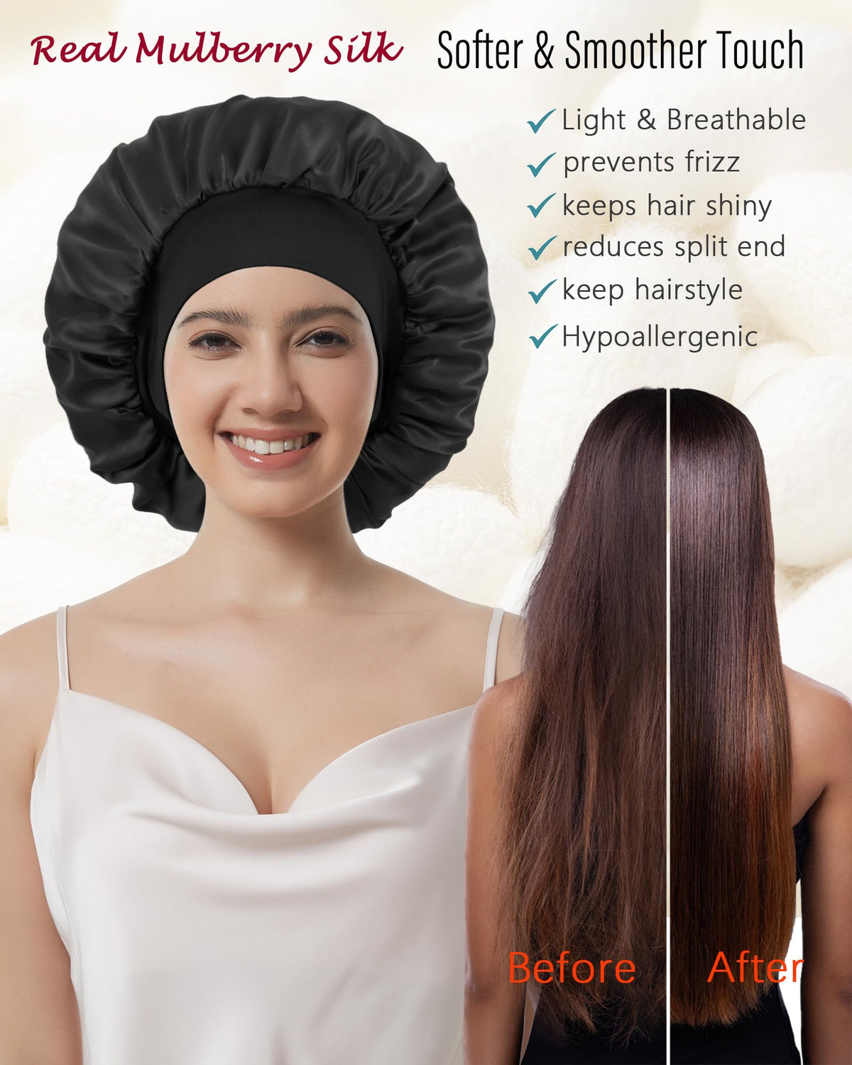 100% Mulberry Silk Bonnet for Sleeping, Double-Layer Hair Protection Cap