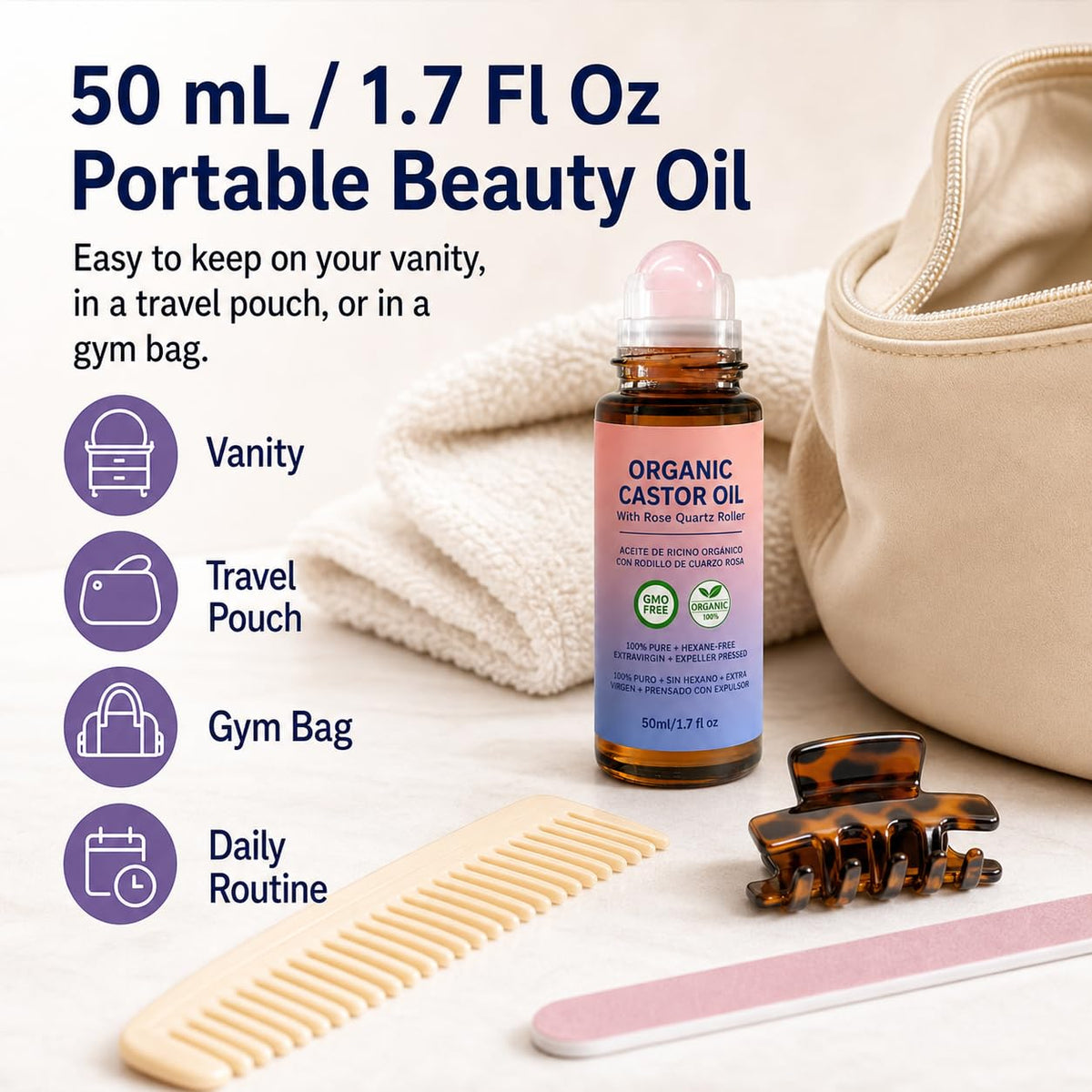 100% Pure Organic Castor Oil Roll-On with Rose Quartz Applicator, 50 mL